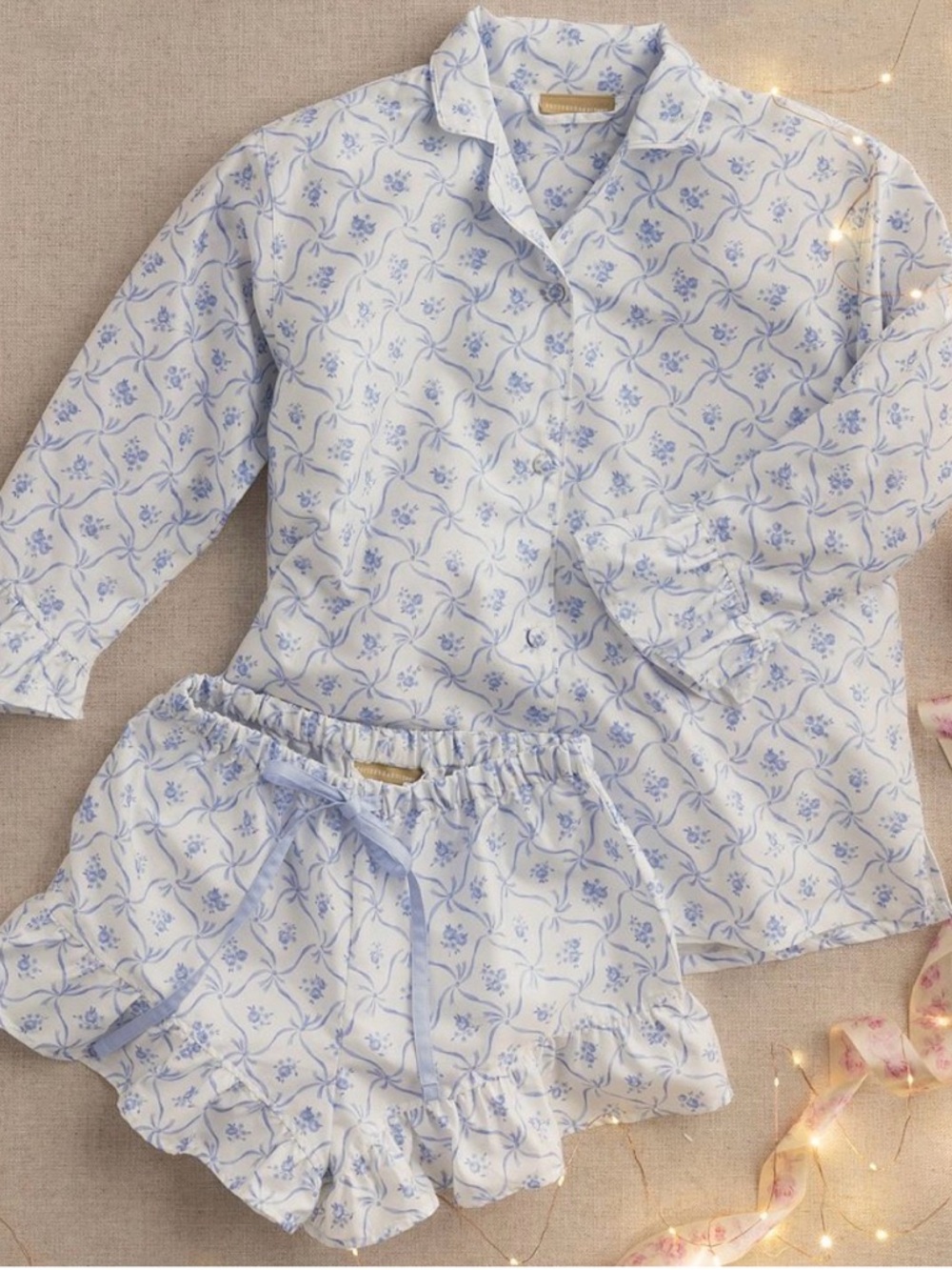 LoveShackFancy White Button-Down pajamas with Light Blue Floral Print